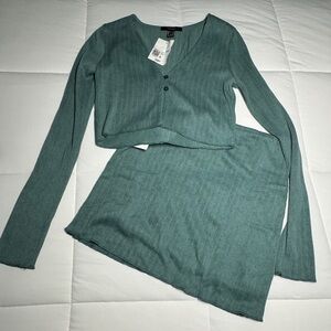 Teal Long Sleeve Crop Top and Skirt Set